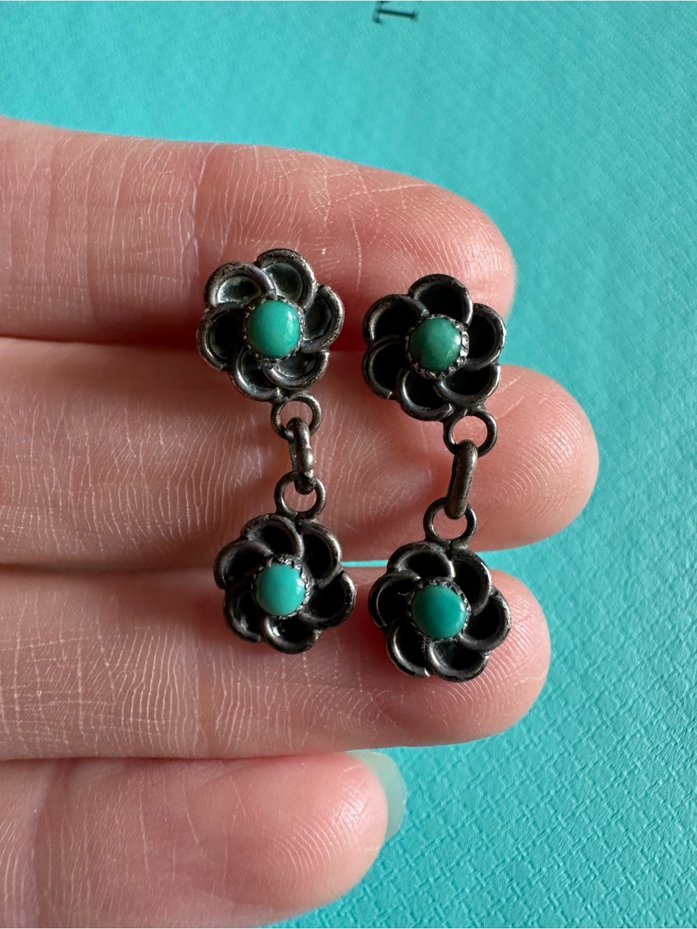 Vintage Old Pawn Native Sterling And Turquoise Flower Dangles